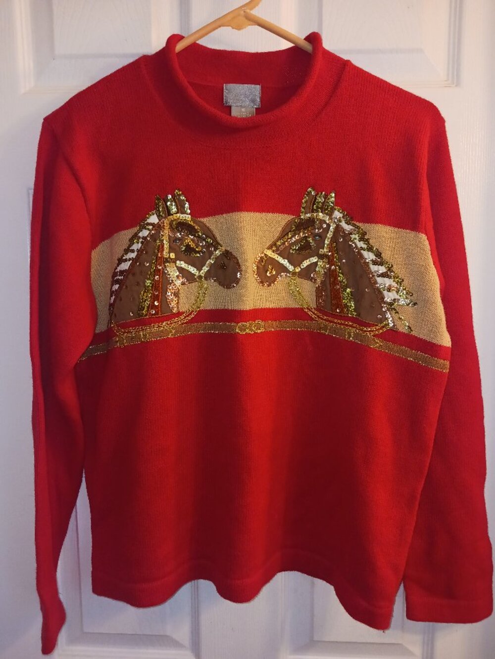 Berek Womens Red Sequin Horses On Front & Back Embellished Pullover Sweater M